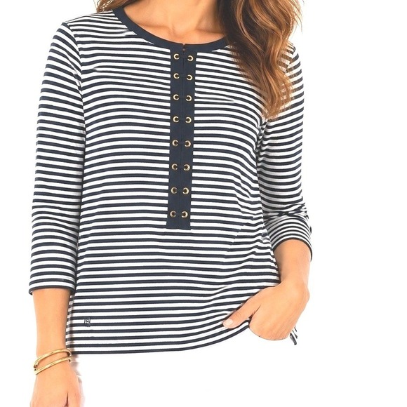Lauren Ralph Lauren Tops - Lauren Ralph Lauren Navy White Striped Grommet Lace Up Top 3/4 Sleeve Petite L